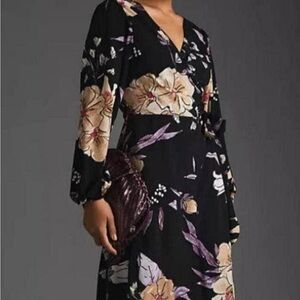 Anthropologie Black Floral Long Sleeve Dress
